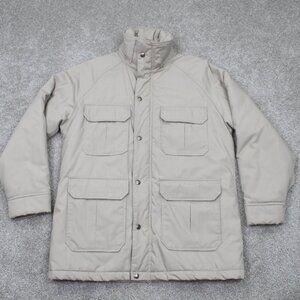 VTG Woolrich Chore Jacket Womens Medium Beige Full Zip Snaps Olefin Filling Coat